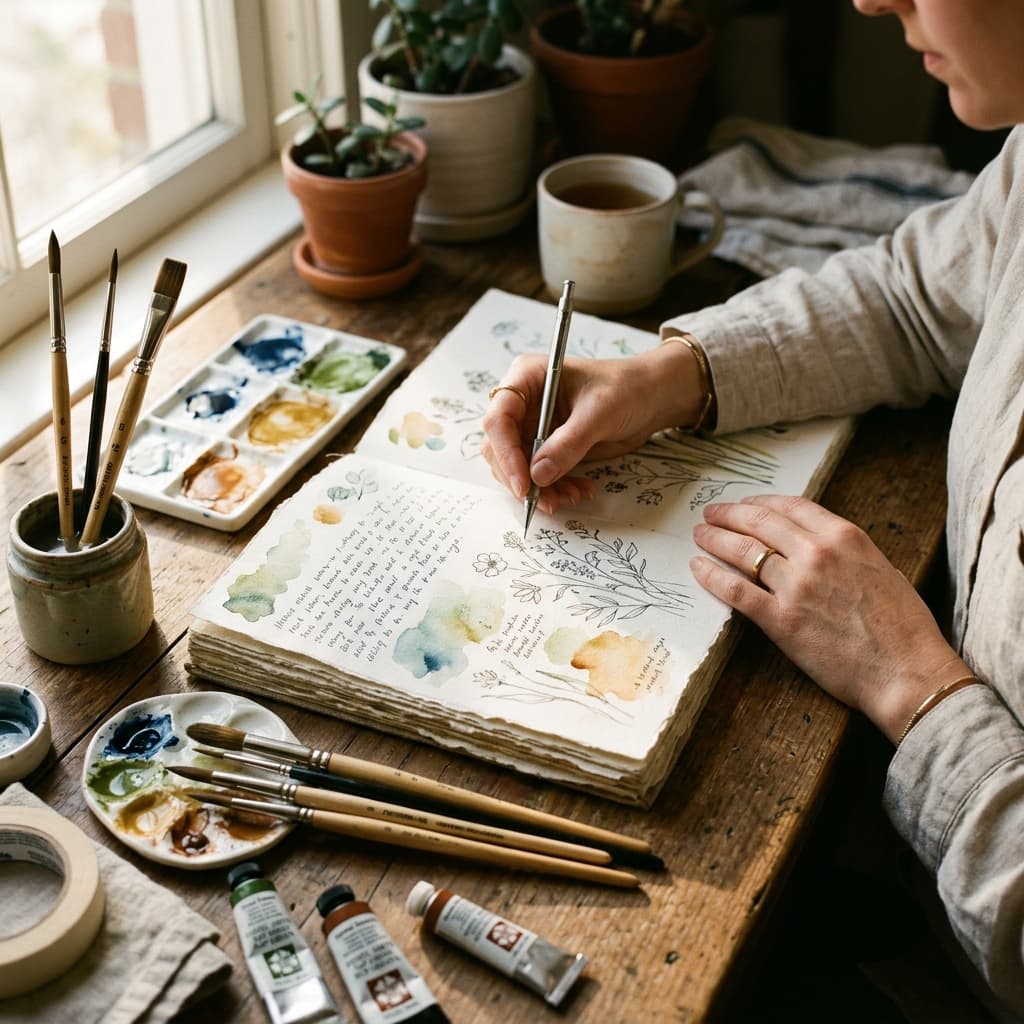 Mindful hands painting in a sketchbook