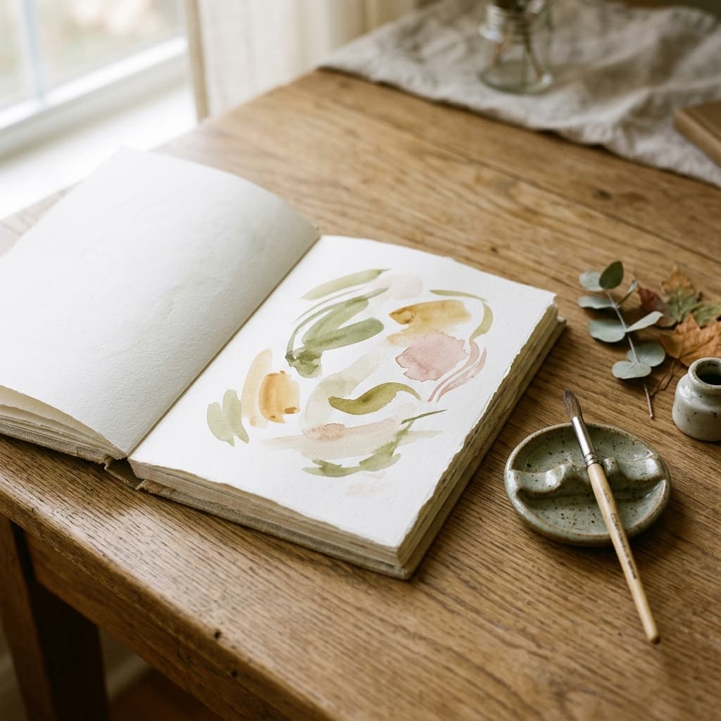 Quiet workspace with open art sketchbook